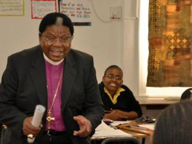 Click the image for a view of: Archbishop Ndungane addresses a Grade 10 English class at Inanda Seminary